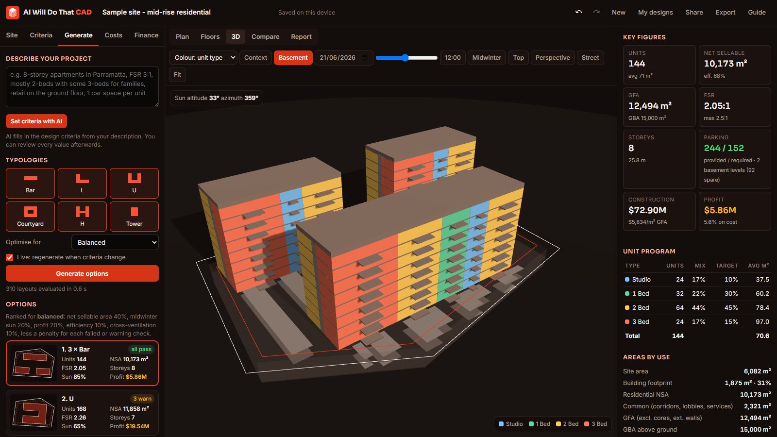 3D view of a generated scheme with apartments coloured by unit type, real-time midwinter shadows and the basement car park shown below ground