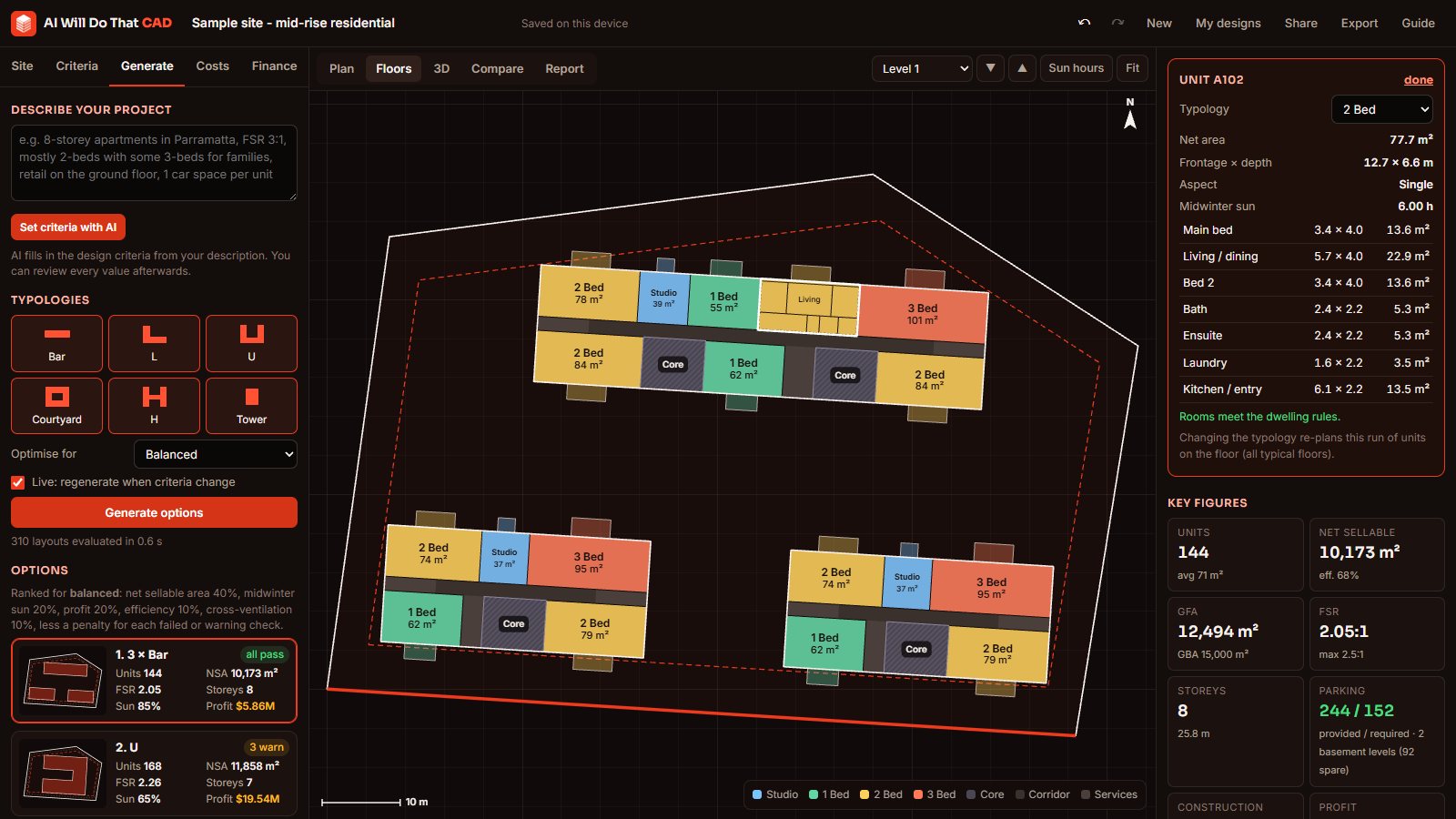 The designer showing a generated scheme of three apartment blocks: the typical floor plan colour-coded by unit type, a selected apartment's room schedule, and live figures for units, floor area and parking